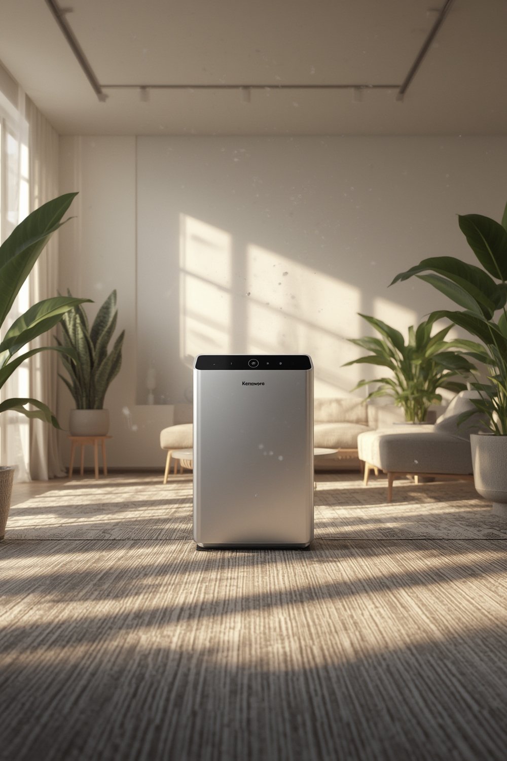 HEPA Purifier in modern living room with digital display air purifier interface visible