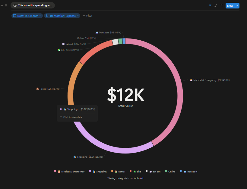 Notion expenses and recurring payments tracker spending breakdown chart
