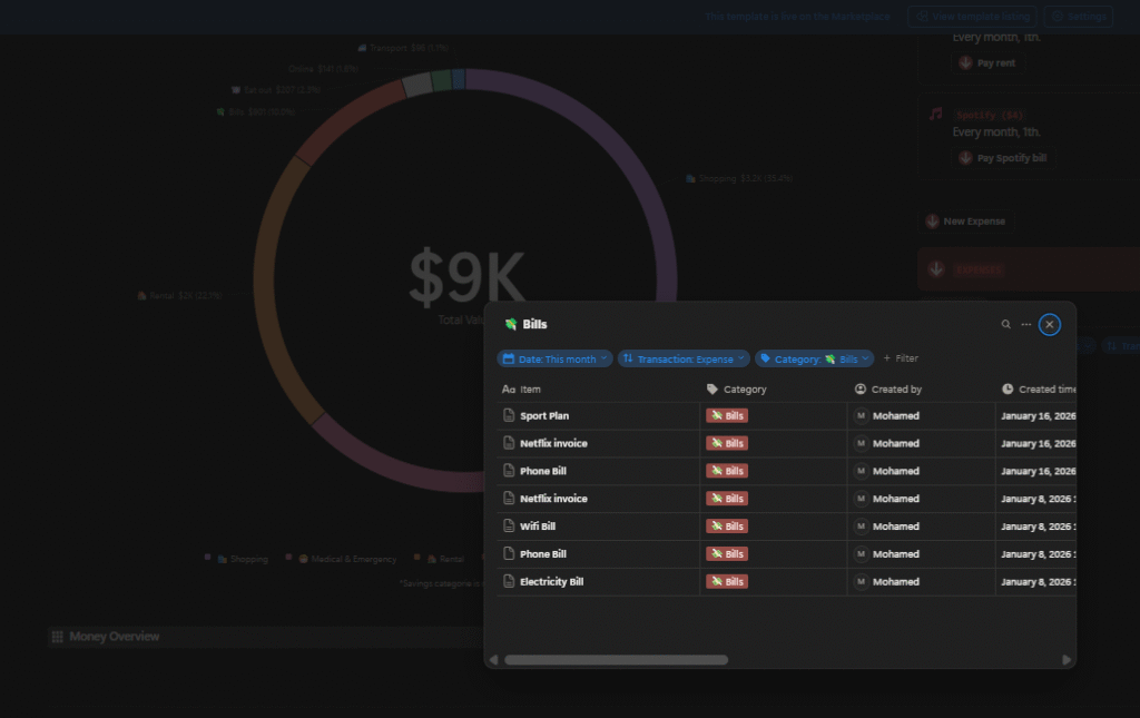 Notion expenses and recurring payments tracker bills category view