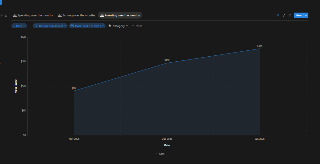 Notion income expenses investments tracker investing over months line chart