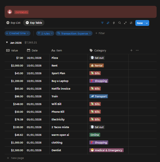 Notion income expenses investments tracker expenses table categories