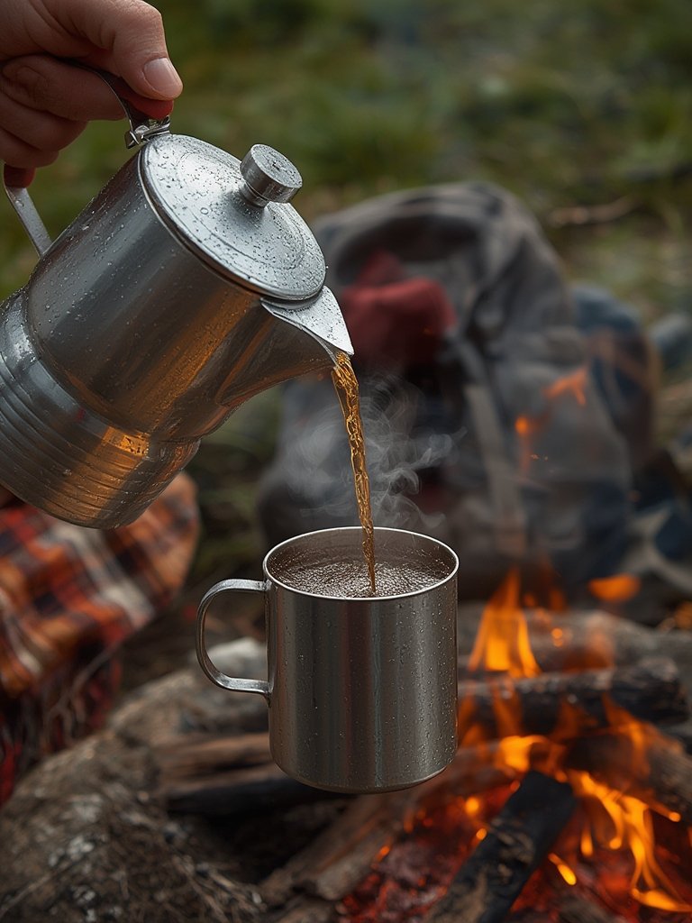 coffee percolator on a campfire, portable coffee pot in outdoor setting