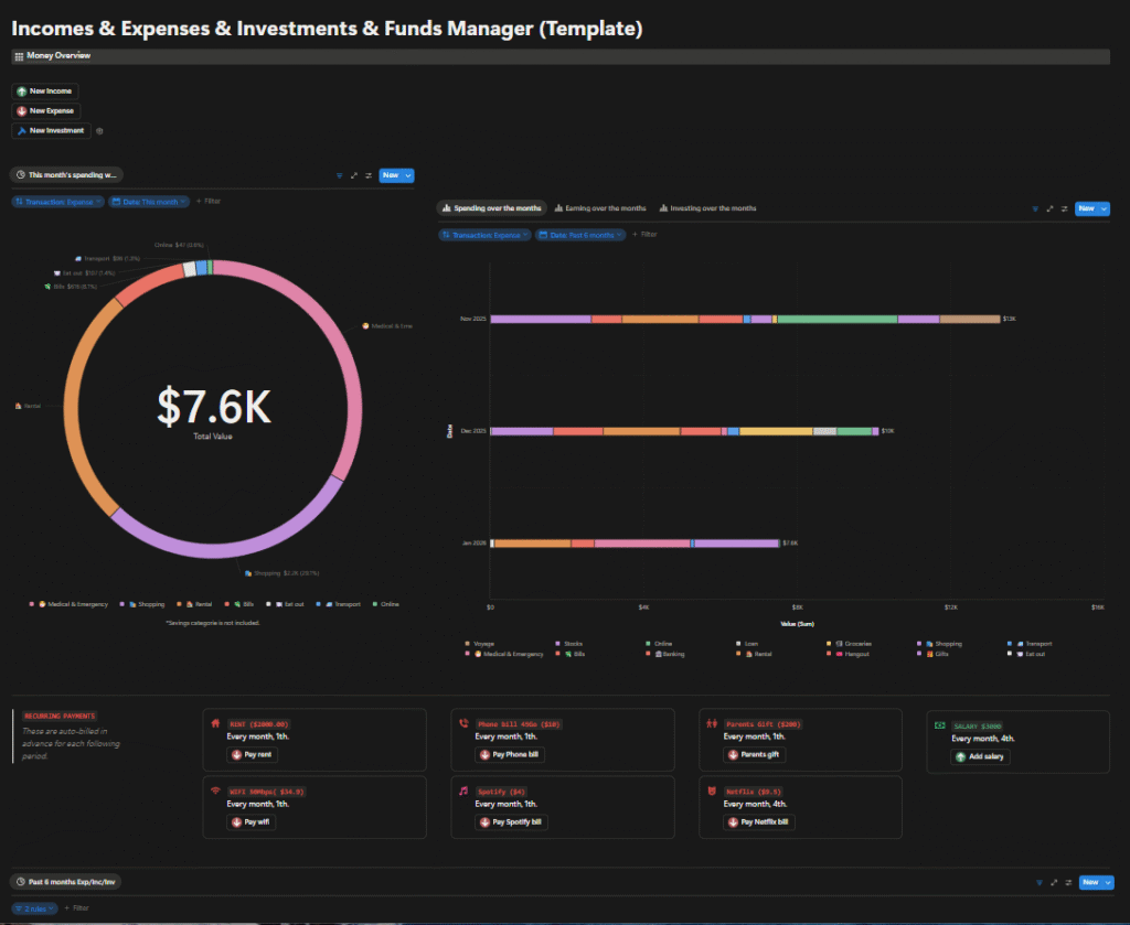 Notion income expenses investments tracker money overview dashboard