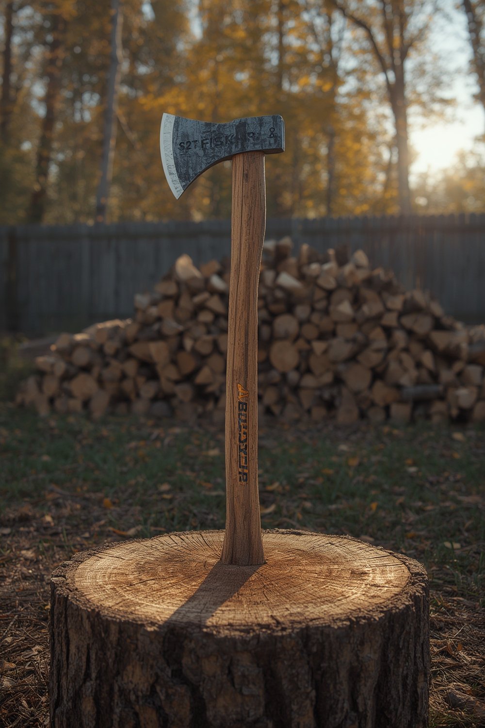 splitting axe cutting through thick branch