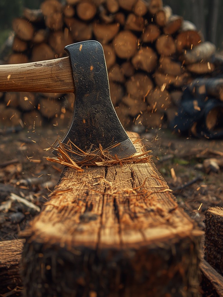 splitting axe in action on outdoor logs