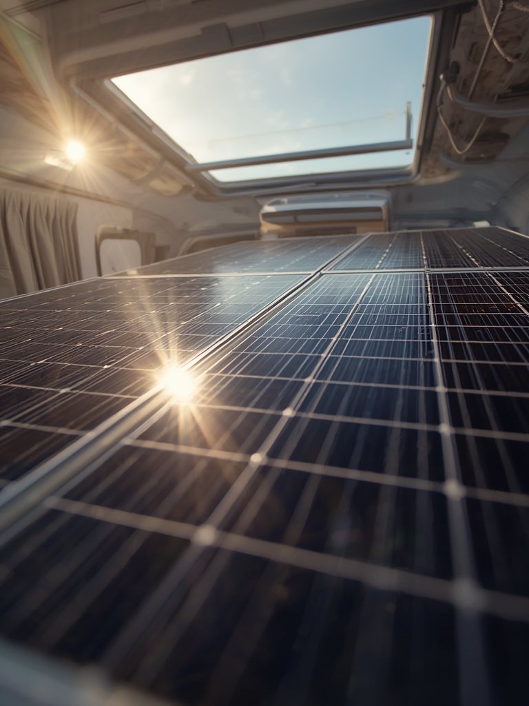200 watt solar panel compact on class B van roof for outdoor solar system