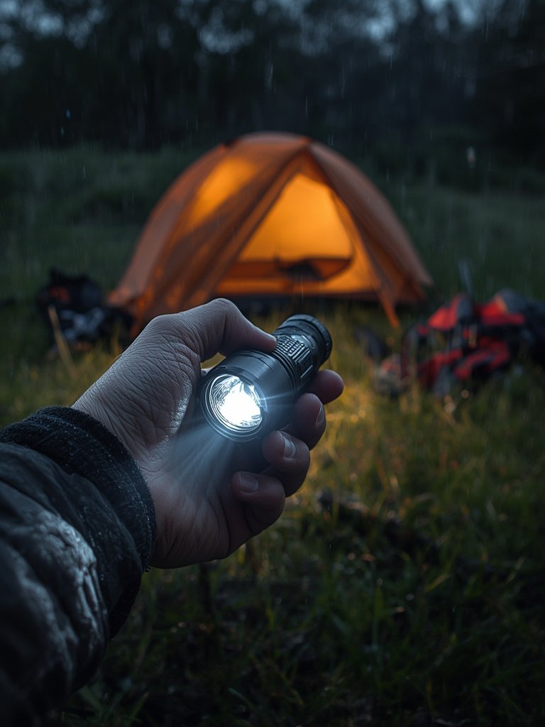 LED flashlight bright beam on hiking trail, MAXVIZ technology