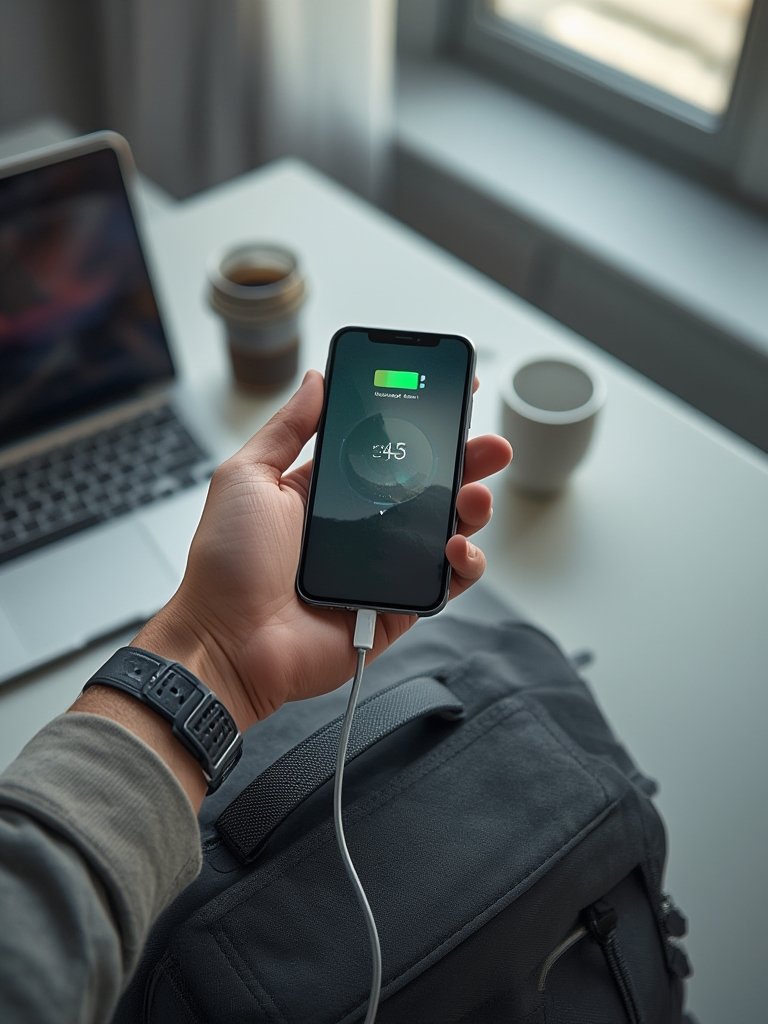 slim magnetic powerbank MagSafe charger on iPhone in hand
