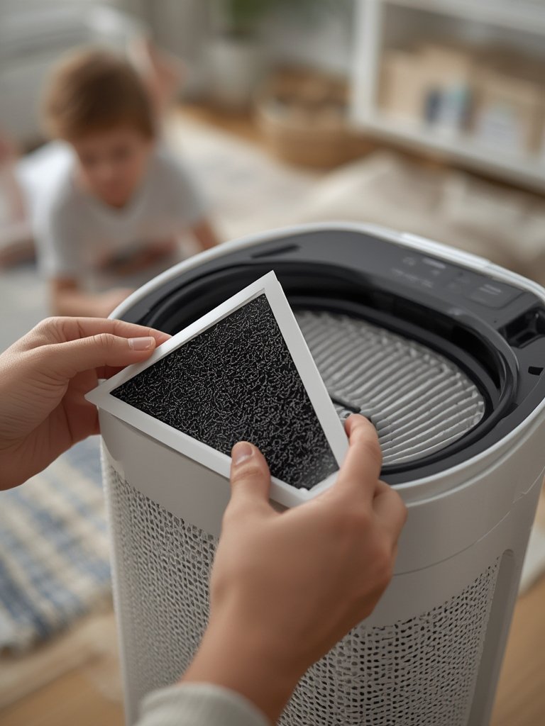 Air purifier using genuine HEPA filter for wildfire smoke removal, dust reduction, and allergen removal in a modern home