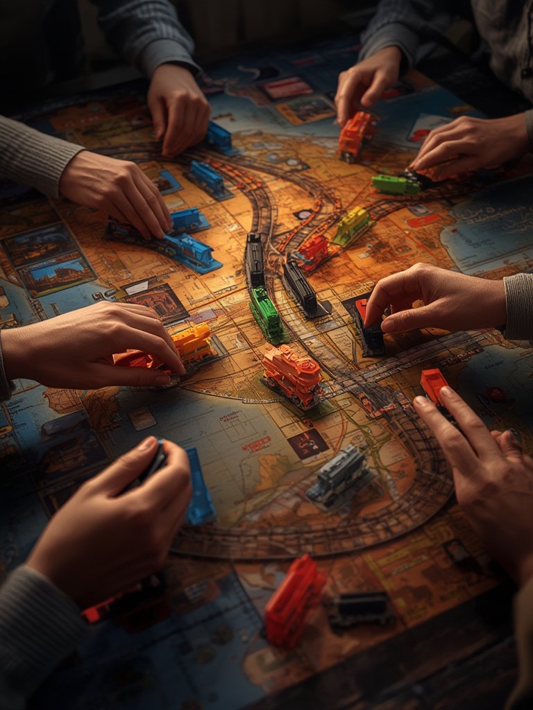 family gathered around north american map playing ticket ride board game
