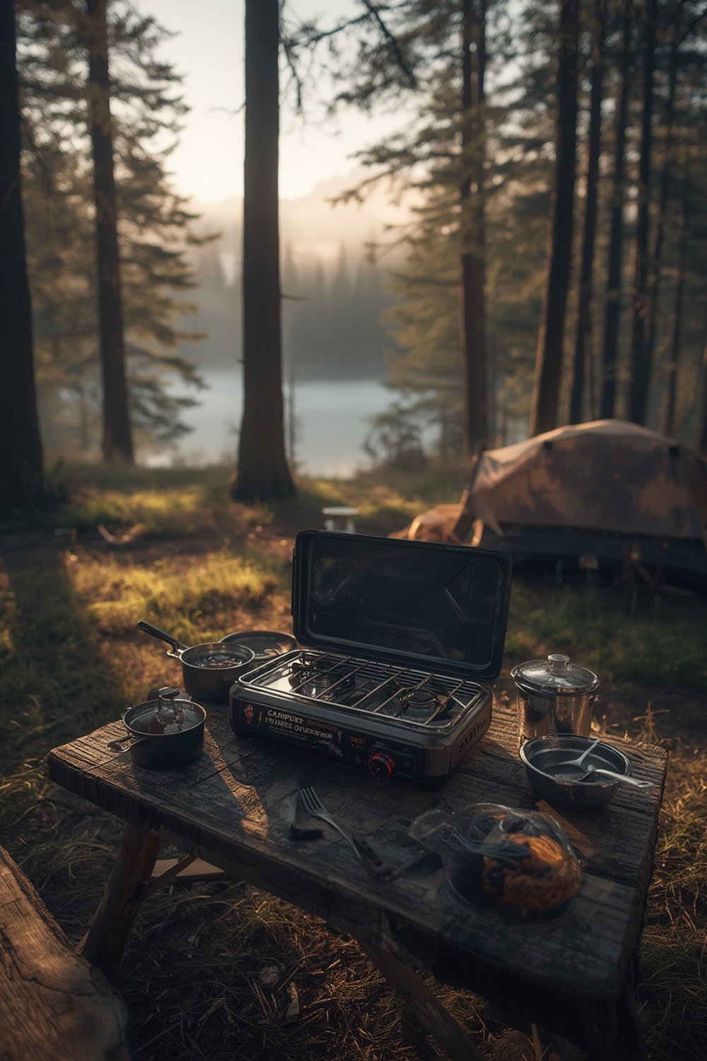 camp stove in camp kitchen with modular cooking system accessories