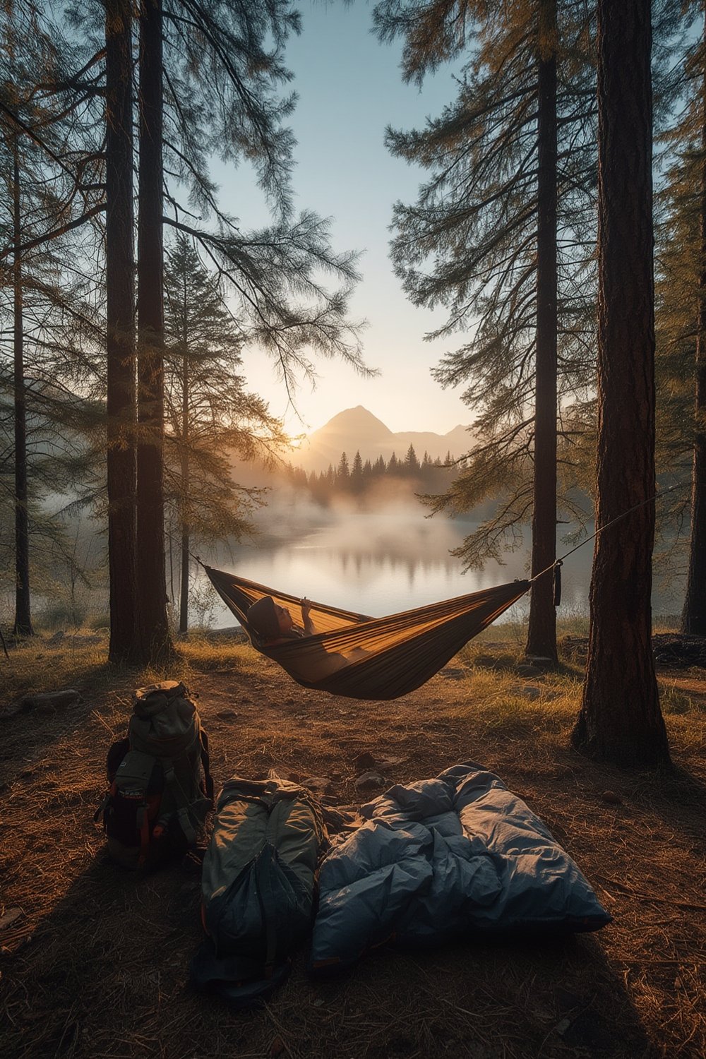 camping hammock in use outdoors supporting two people