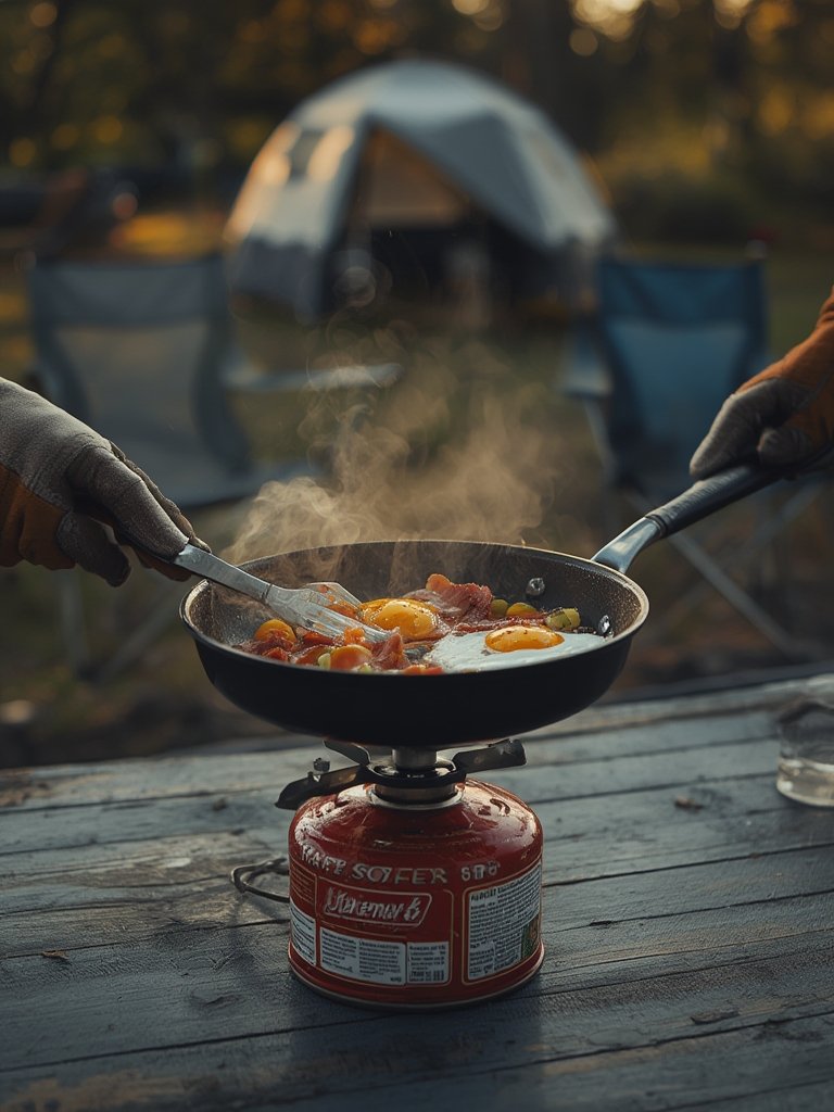 camping stove being used outdoors for cooking