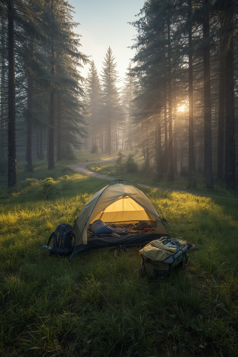 camping tent set up in the forest