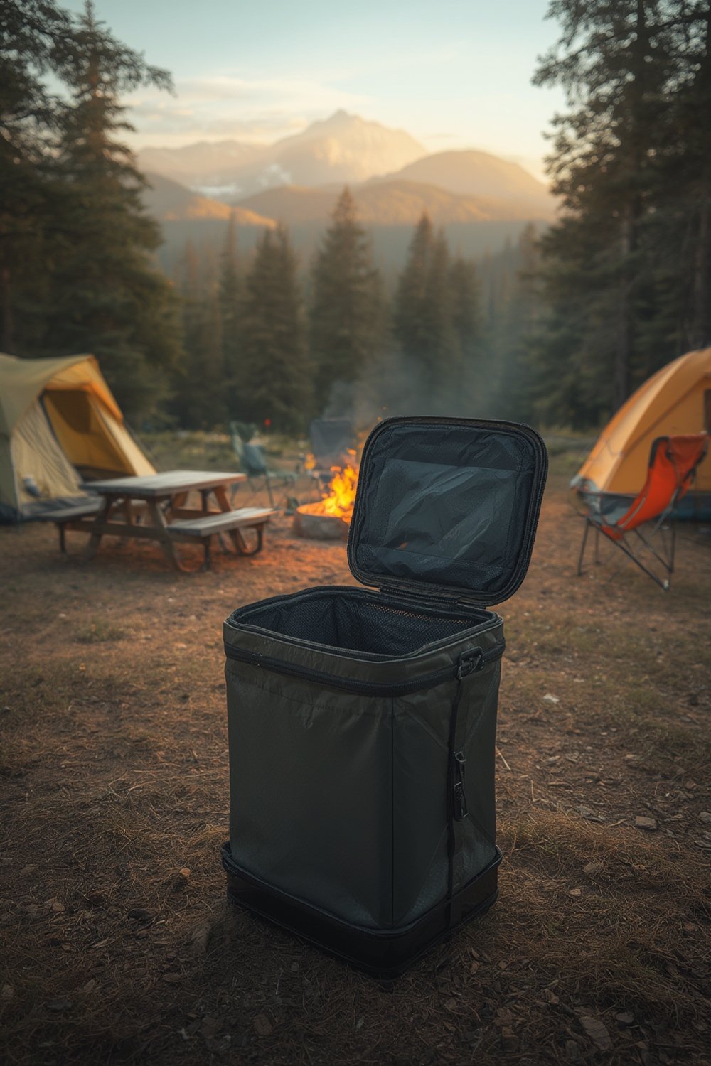 camping trashcan in use at campsite
