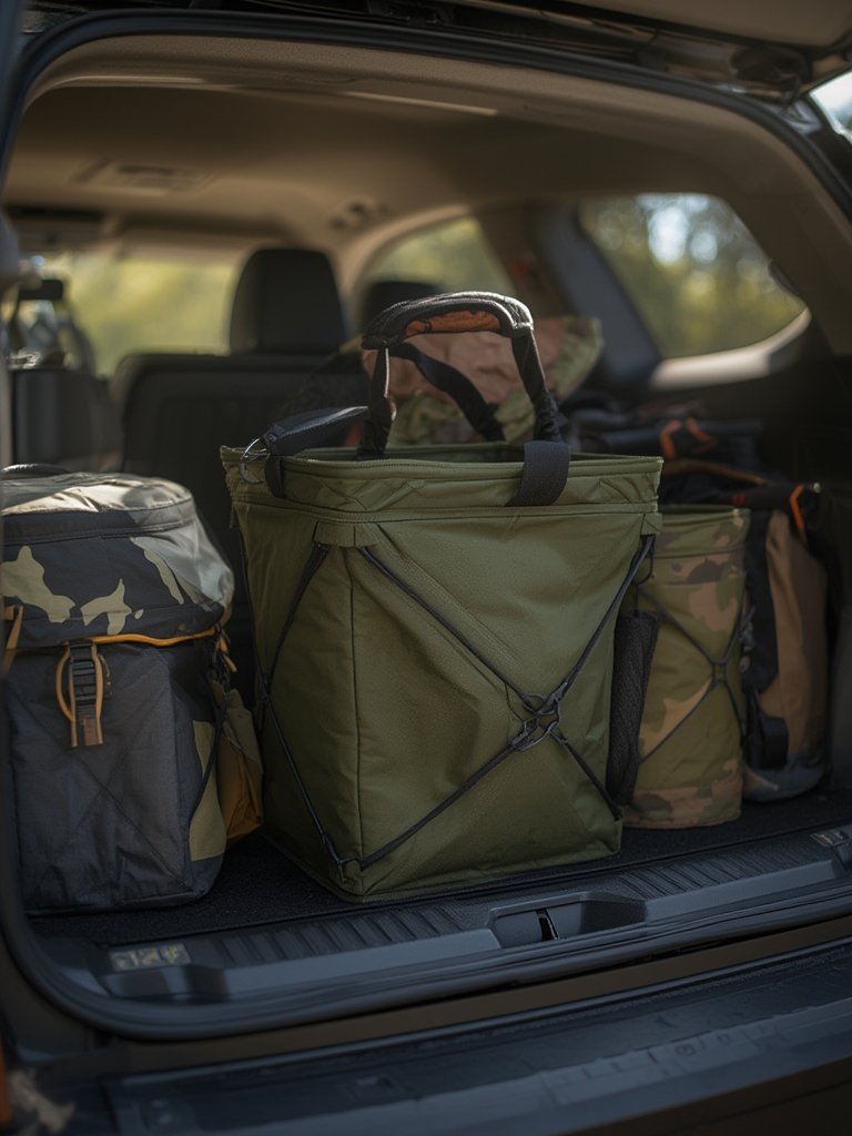 camping trashcan with zippered lid and easy carry handles