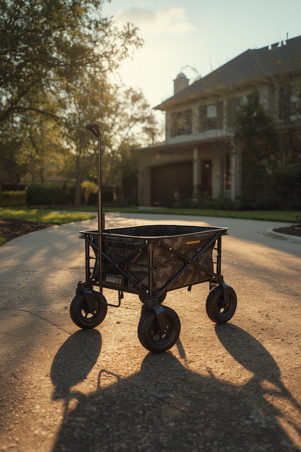 collapsible wagon carrying garden equipment
