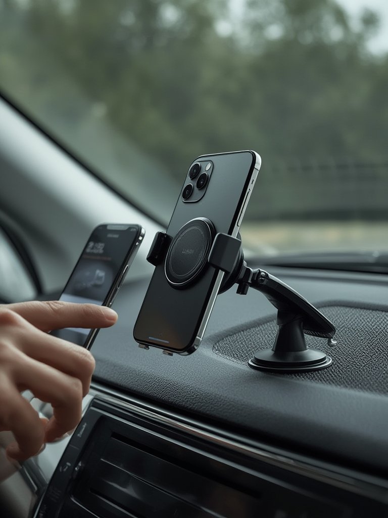 magnetic car mount in black dashboard holding iPhone