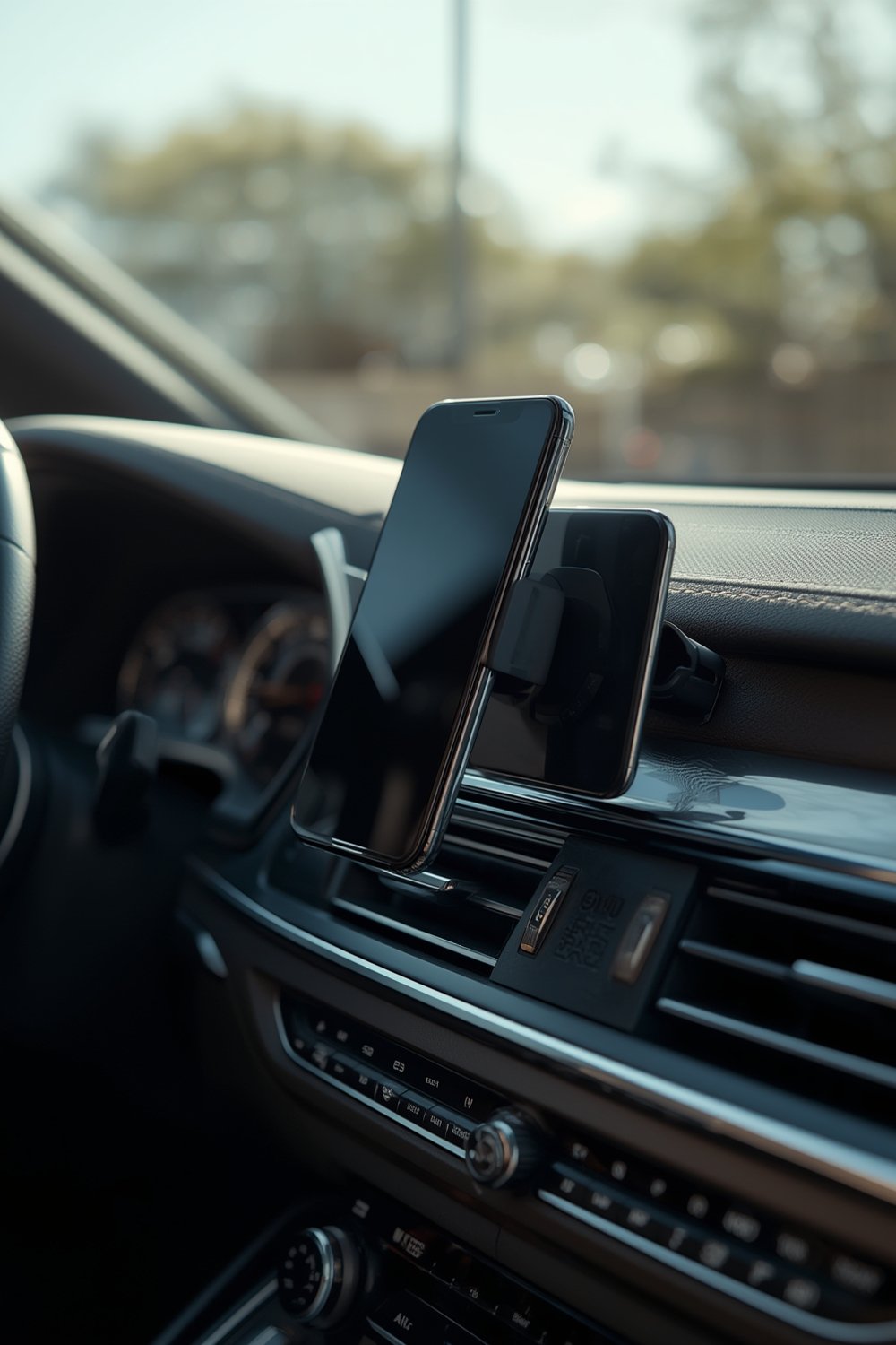 magsafe mount in car holding iPhone 15 Pro for secure navigation
