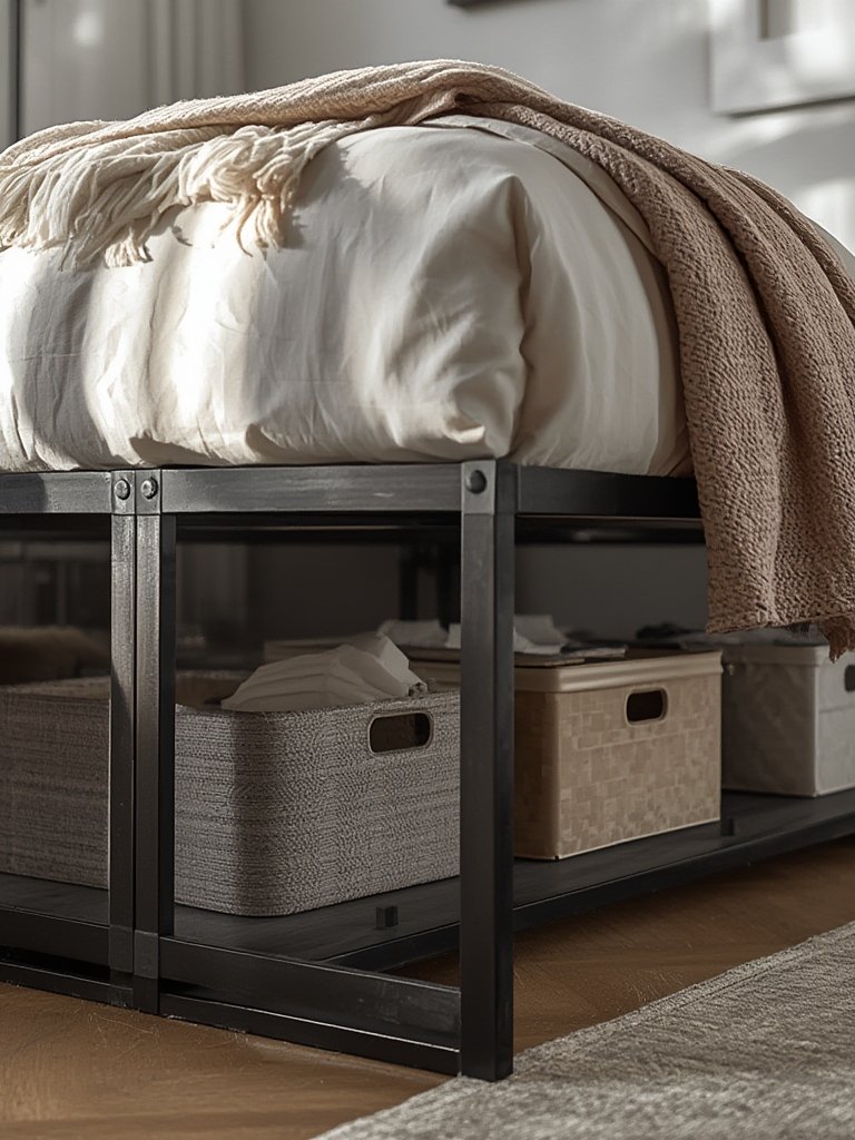 metal bed platform frame assembled in modern bedroom