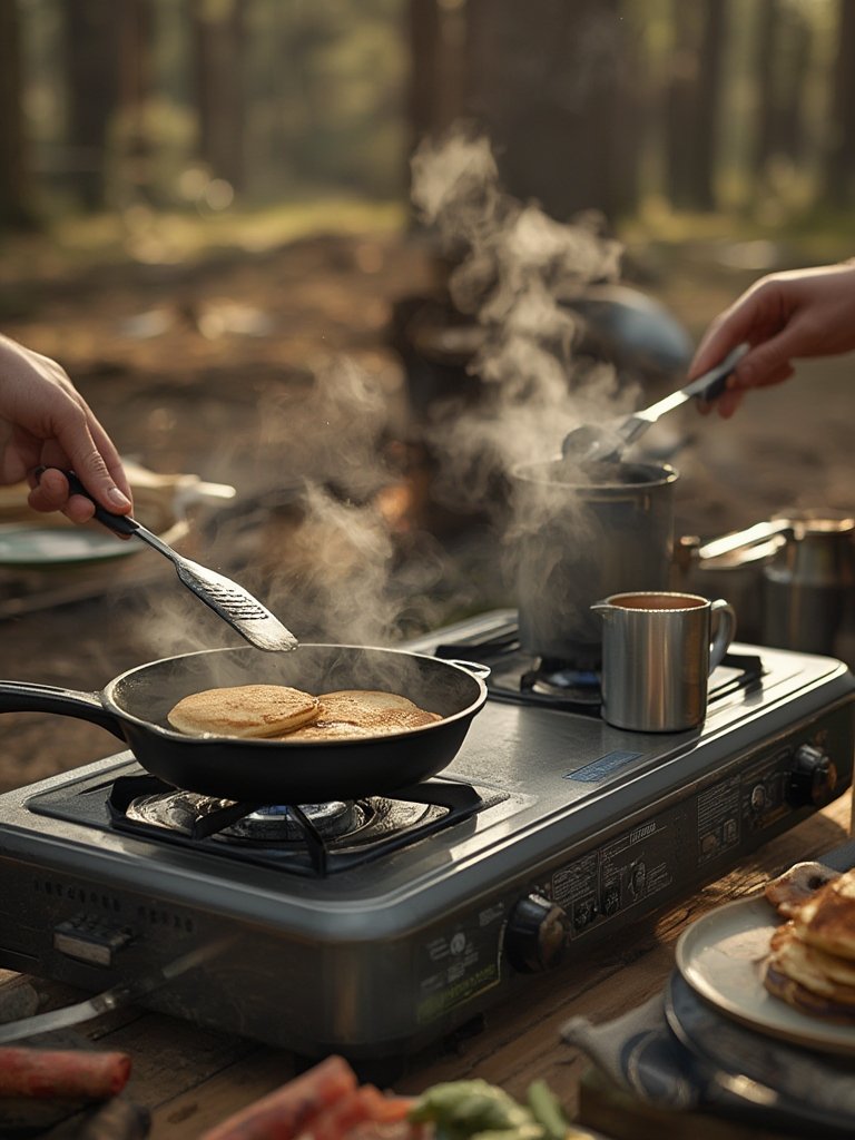 outdoor cooking group using camp stove in modular kitchen setup