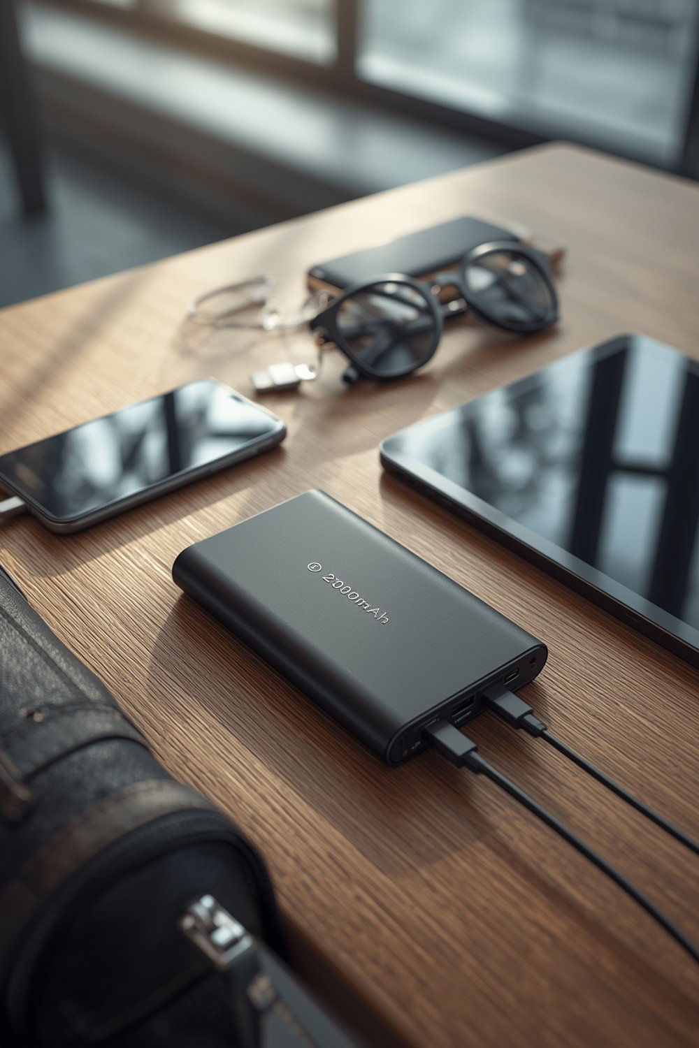 portable charger displaying LED battery level with USB-C and USB-A cables connected