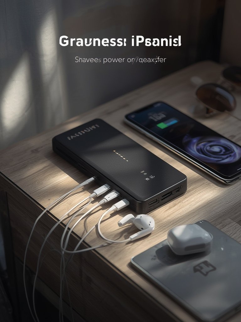 portable charger charging multiple devices via built-in cable and USB ports