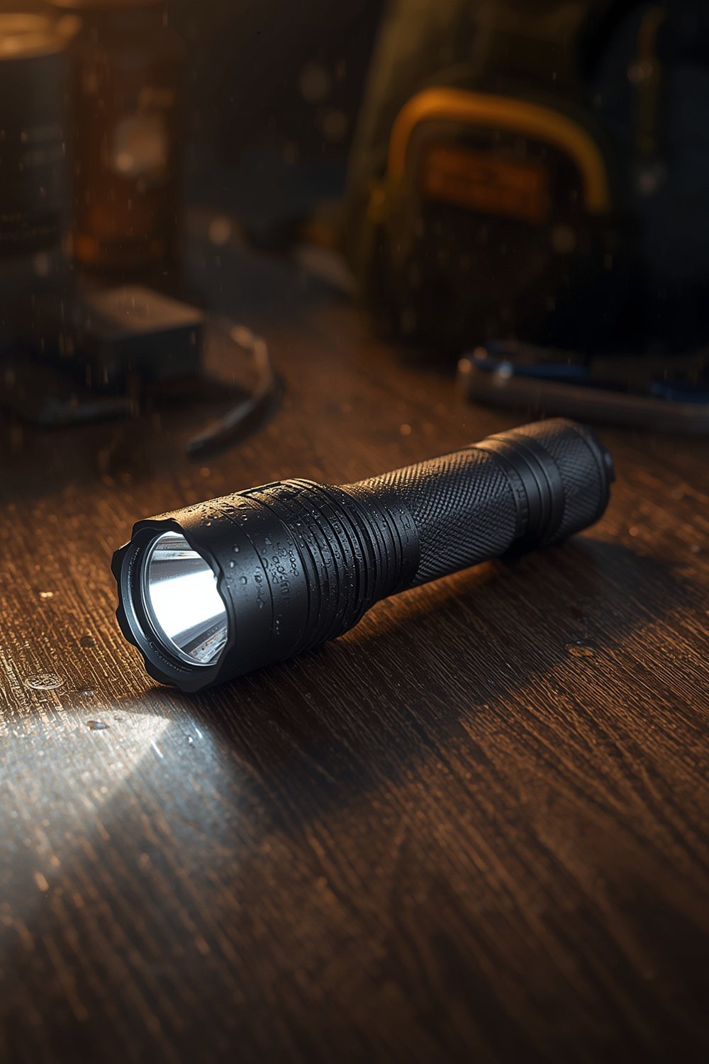 tactical flashlight shining in dark forest, outdoor gear usage