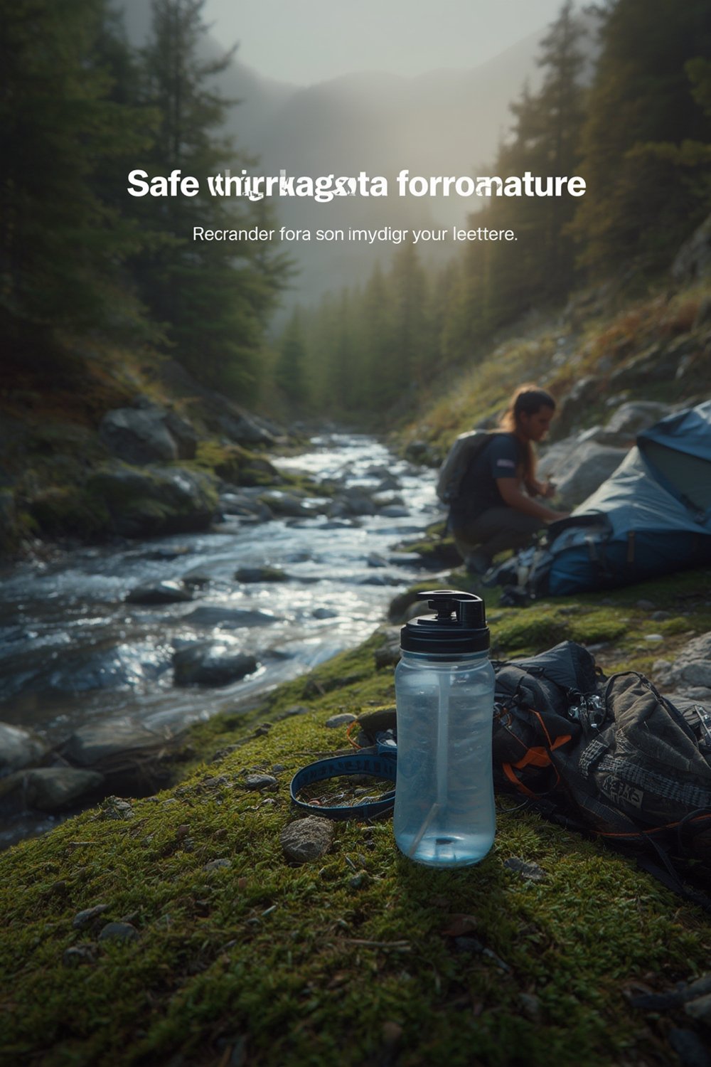 water filter removing harmful bacteria and microplastics on a hiking trip