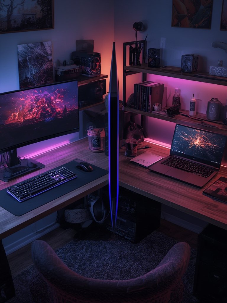 corner desk assembly in small office with cpu stand