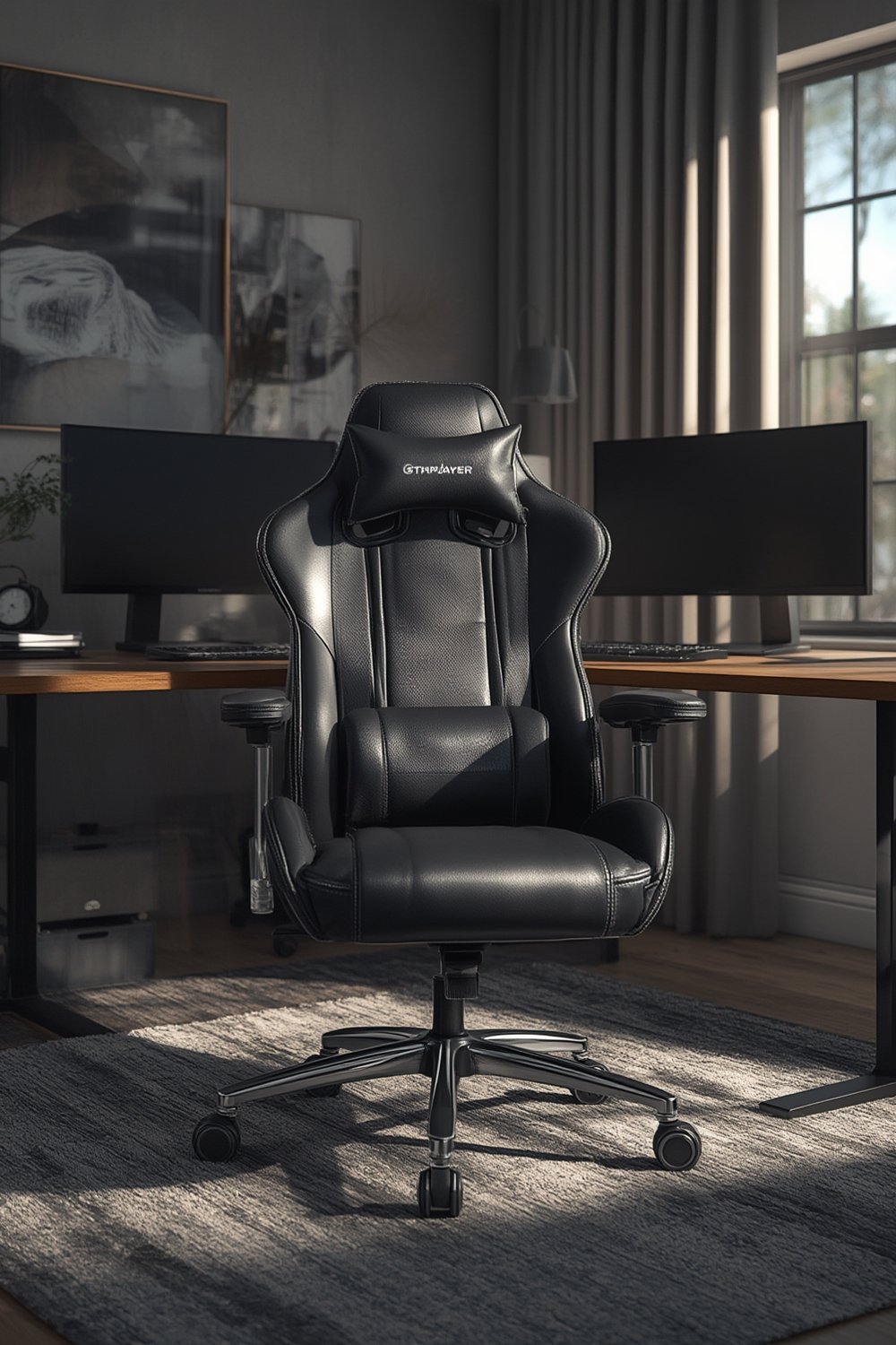 gaming chair with wide seat, in use in an ergonomic home office