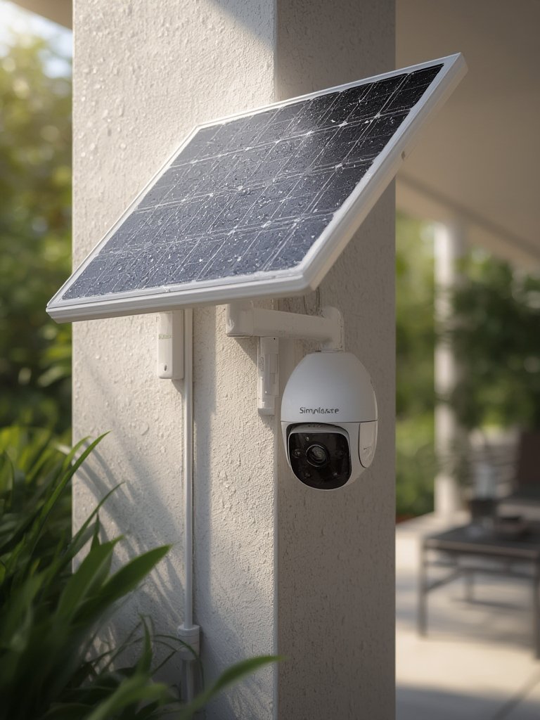 SimpliSafe outdoor camera attached to wall with solar panel