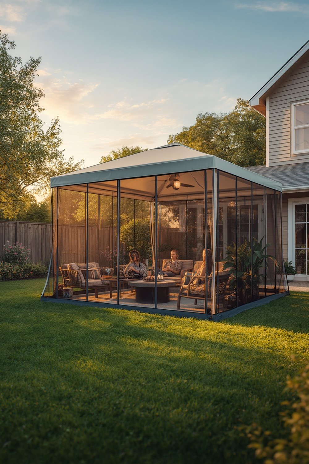screen house providing shade and mosquito protection at a campsite